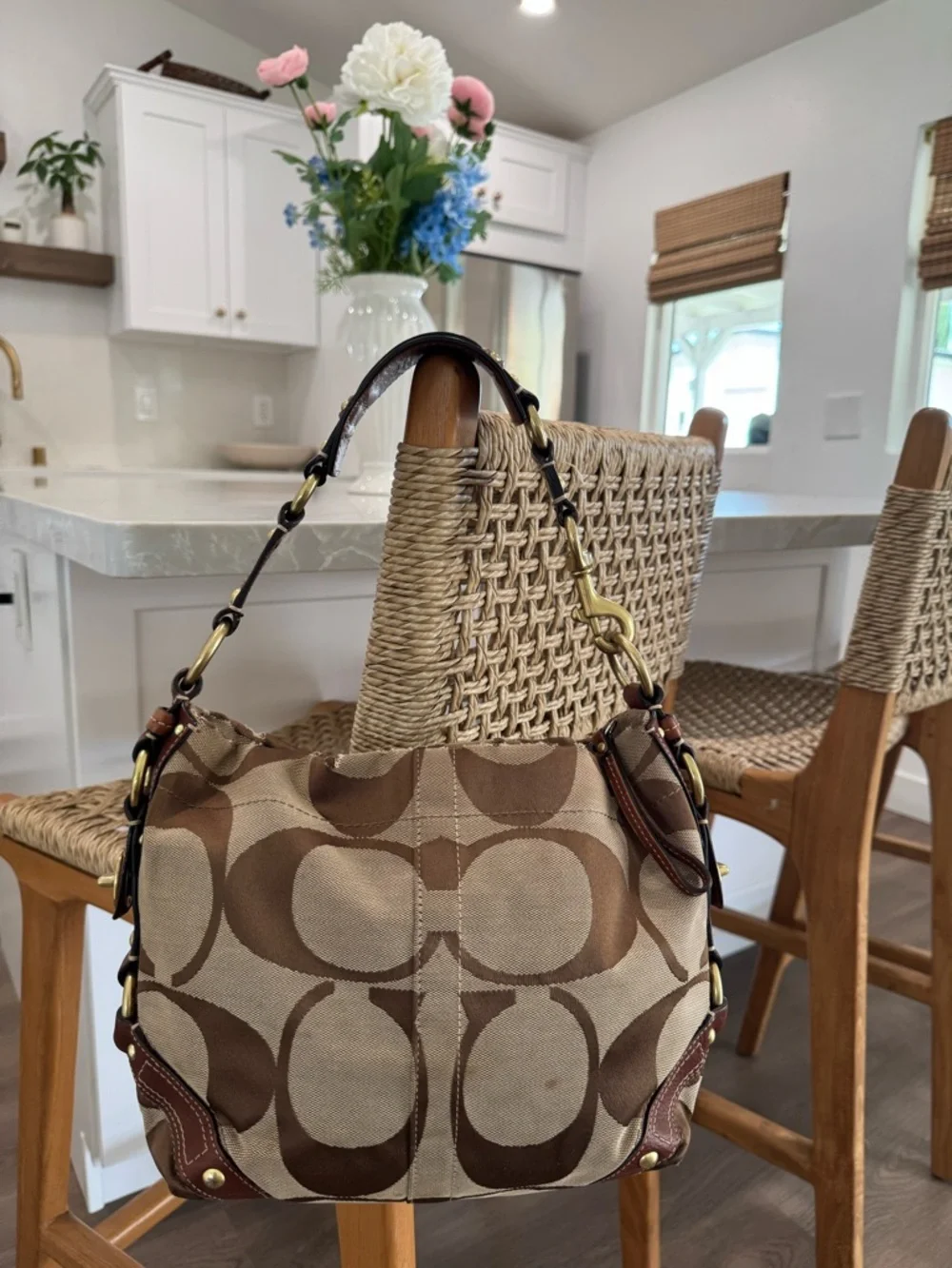 Coach Y2K Vintage Signature Carly Canvas Brown Tan Hobo Shoulder HandBag #10619